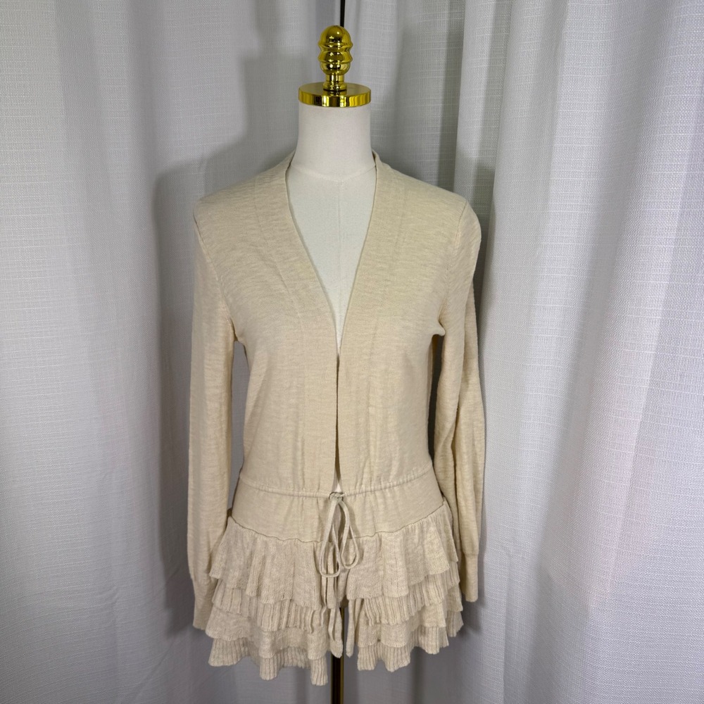 Banana Republic Ruffle Hem Tie Waist Cardigan Medium Cream Cotton Linen Blend